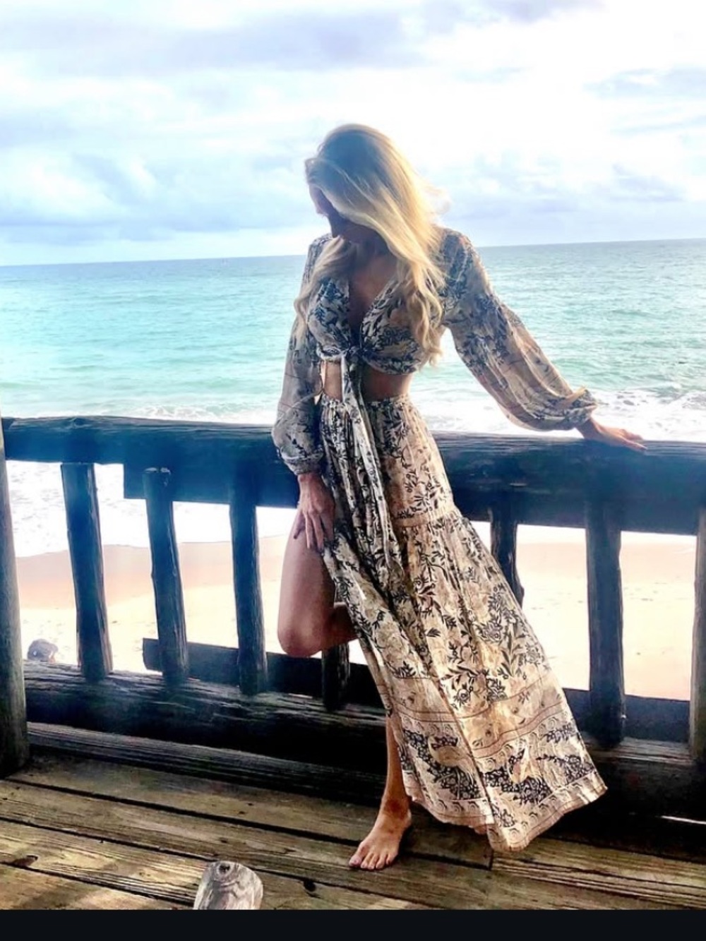Spell Boho Tie-Front top and maxi skirt in Beige Floral - Picture 2 of 5